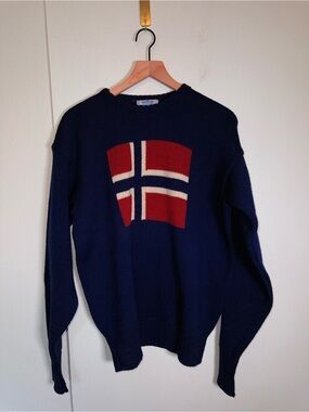 VINTAGE PATRIOT wool Norwegian flag Navy and Red Men's Knit Sweater L